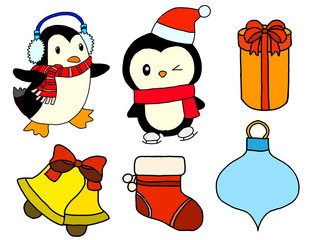 Winter clipart with penguins, bells, stocking, present box