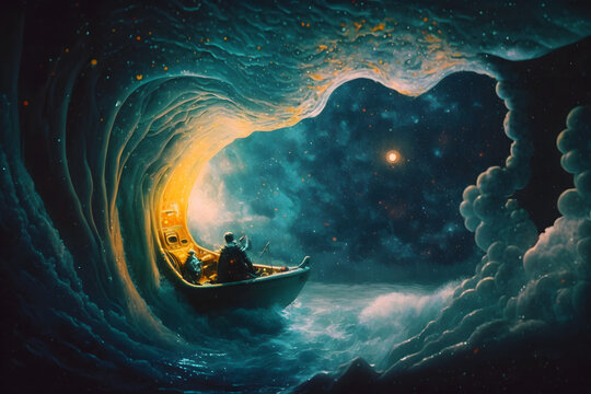 Ship floating in the cosmic ocean the sense of memory dominates, made with Generative AI
