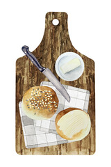 Watercolor bread on the wooden board. Fresh bakery pastry product rye, wheat and whole grain bread, french baguette, croissant, bagel, roll, toast bread slices, donut, bun, loaf wicker bun