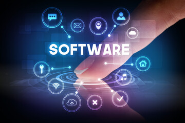 Finger touching tablet with web technology icons concept