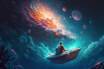 Girl floating in the cosmic ocean the sense of memory dominates, made with Generative AI