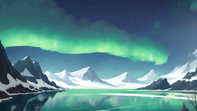 Snowy Mountains and Hill Scenery During The Night with Beautiful Glowing Aurora Lights Detailed Hand Drawn Painting Illustration