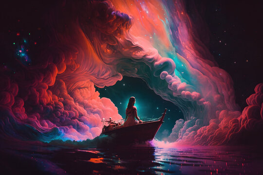 Girl floating in the cosmic ocean the sense of memory dominates, made with Generative AI