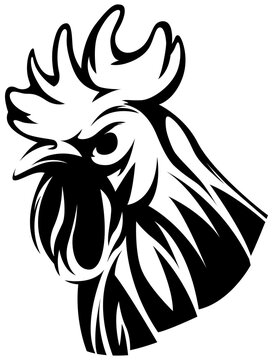 Head of rooster. Cock abstract character illustration. Graphic logo designs template for emblem. Image of portrait for company use.