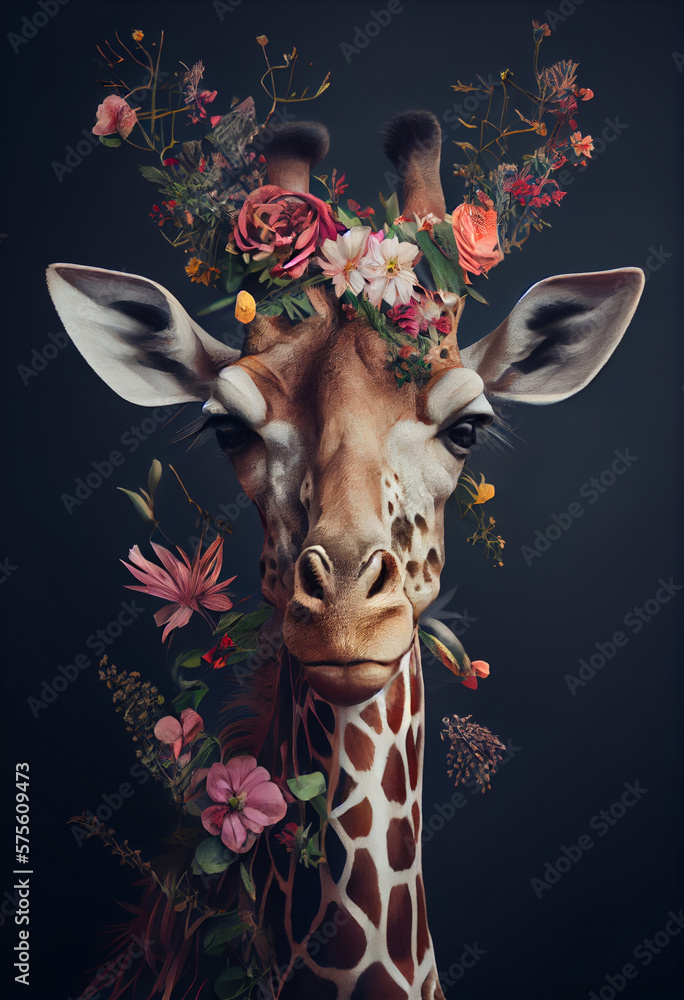 Wall mural Giraffe portrait with flowers and leaves. Creative animal portrait. Generative Ai