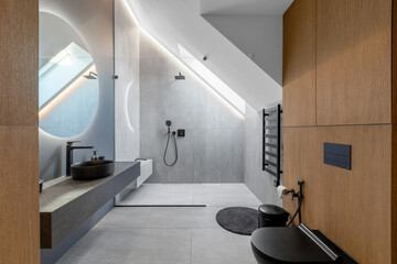 Beautiful Elegant Modern Luxury Bathroom Interior in Luxury Home and Glass Door Shower, Mirror and...