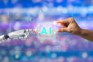 Robot touching artificial intelligence AI with businessman on background. innovation futuristic...