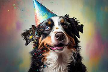 Happy Birthday card with happy smilling dog wearing party hat. Generative AI