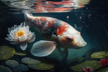Foto op Canvas Elegant Koi Fish Gliding in a Serene Pond with Water Lilies © Lucija