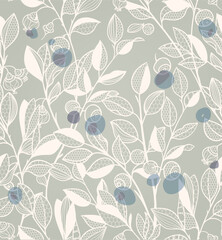 blueberry branches, berries and leaves. seamless lace pattern. vector illustration