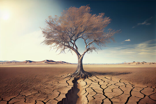 Dry lonely tree on cracked soil in sun heat. Climate change and global warming concept. Generative AI