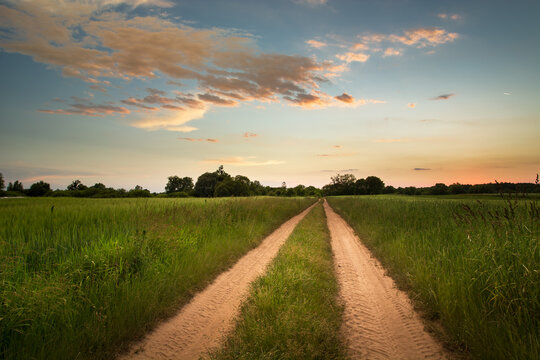 Sandy road through fields and cloud on the evening sky © darekb22