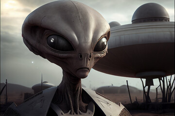 Grey Alien, Alien on an alien world standing near a UFO Generative ai