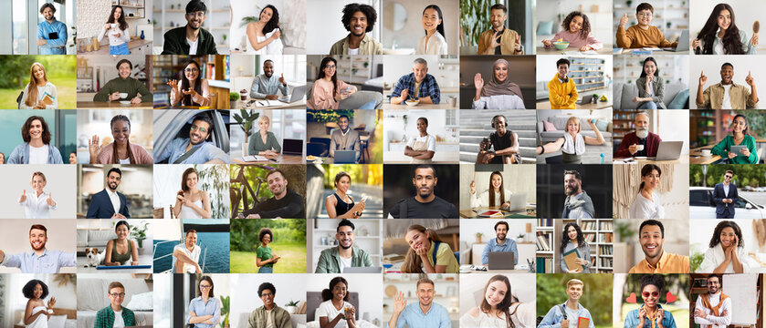 Cheerful multicultural males and females sharing daily routine