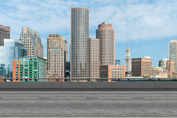 Plakat Empty urban asphalt road exterior with city buildings background. New modern highway concrete construction. Concept of way to success. Transportation logistic industry fast delivery. Boston. USA.
