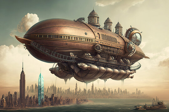 Detailed Steampunk Airship with Steam-Powered Metalwork  Generative AI