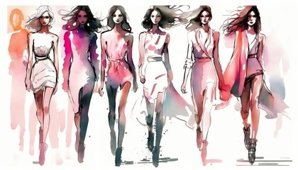 summer female fashion show, new collection in pink, models walking at runway, people art. Generative AI