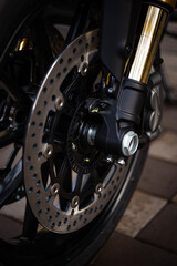 metal motorcycle brake system close-up. motorcycle details