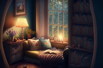 a cozy reading corner with adequate lighting and lights, an excellent place for reading and a bit of relaxation