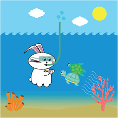 Turtles and Bunny Under the Sea Illustration Detail