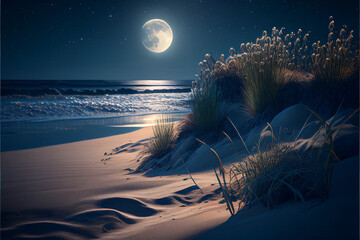 Full moon over a midnight beach generative ai