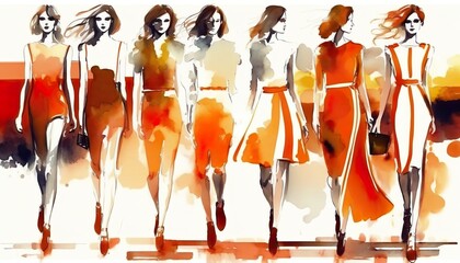 Fototapeta premium female fashion show, summer new collection in orange, models walking at runway, people art. Generative AI