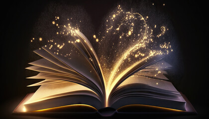 Open magic book with lights shining on dark background. Based on Generative AI