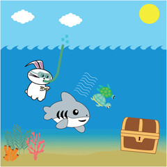 Shark  and Bunny Under the Sea Gold Treasure Illustration Detail