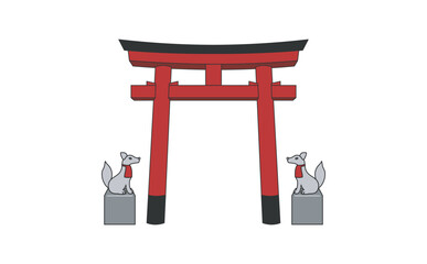 明神鳥居ときつねのイラスト　アウトラインあり