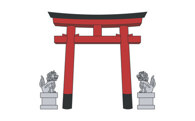 明神鳥居と狛犬のイラスト　アウトラインあり