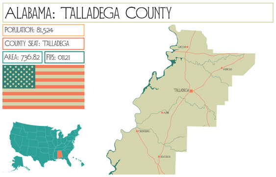 Large and detailed map of Talladega county in Alabama, USA.