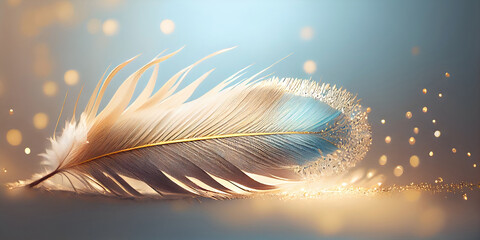 Dreamlike abstract blue and gold feather background. Created with Generative AI.