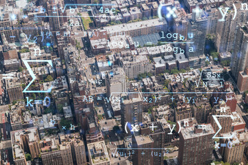 Obraz na płótnie Canvas Aerial top view of New York City building roofs. Bird's eye view from helicopter of metropolis cityscape. Technologies and education concept. Academic research, top ranking university, hologram