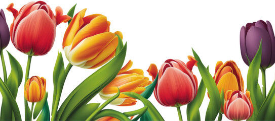 PNG. Tulip border on white background as digital illustration (Generative AI)