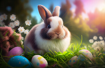 Easter bunny in the grass with painted eggs  Generative ai