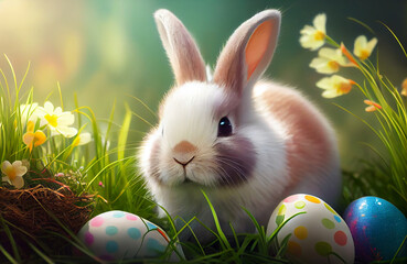 Easter bunny in the grass with painted eggs  Generative ai