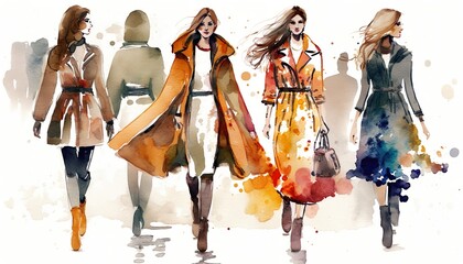 female fashion week fall, autumn, watercolor illustration, Generative AI
