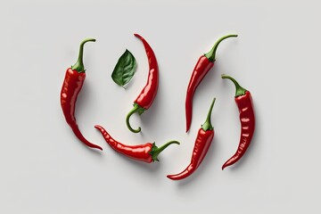 Isolated red chili peppers on a white background. Pungent, fiery red chili peppers. Or, a shot taken from a great height. Generative AI