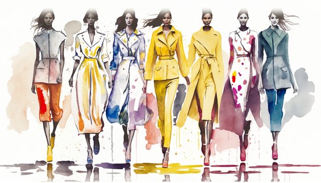 female fashion show, rainwear, autumn, fall clothing, watercolor illustration, Generative AI