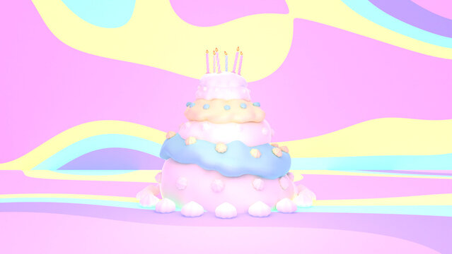 3d rendered birthday cake with candles on the top in a abstract wavy rainbow room.
