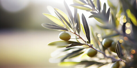 Obraz na płótnie Canvas Closeup of olive fruit on tree branch. Olive garden and sunlight background design. AI Generated