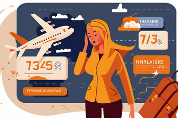 Woman looks tense as she stands in front of a departure board full of flight information, highlighting canceled or delayed flights. An airplane is flying in the background and a suitcase is visible.AI