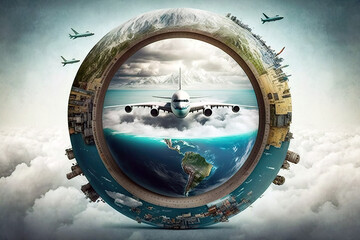 Traveling by plane around the world. Collage illustration generated by AI.