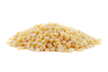 Ptitim isolated on white background closeup. Israeli heap of couscous. Raw pile of ptitims close-up. Pile of ptitim isolated on white background.