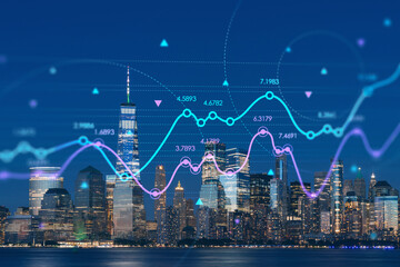 Obraz na płótnie Canvas Skyline of New York City Financial Downtown Skyscrapers at night. Manhattan, NYC, USA. View from New Jersey. Forex candlestick graph hologram. The concept of internet trading, brokerage, analysis