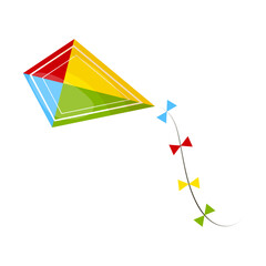Wind kite with long ribbon. Colorful rhombus plane flying in sky. Outside activity toy for kid. Childhood educational and mental summer playing. Flat vector illustration isolated on white background
