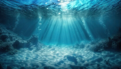 Underwater sea in blue sunlight. Based on Generative AI - obrazy, fototapety, plakaty