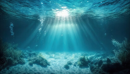 Underwater sea in blue sunlight. Based on Generative AI - obrazy, fototapety, plakaty
