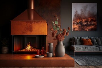 A living room with a fireplace Wood stove fireplace in comfort house with a cozy interior in room generative AI