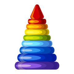 Pyramid toy rainbow colors image or icon. Circle and round form. Colorful activity plastic kid toy. Childhood educational and mental home playing. Flat vector illustration isolated on white background